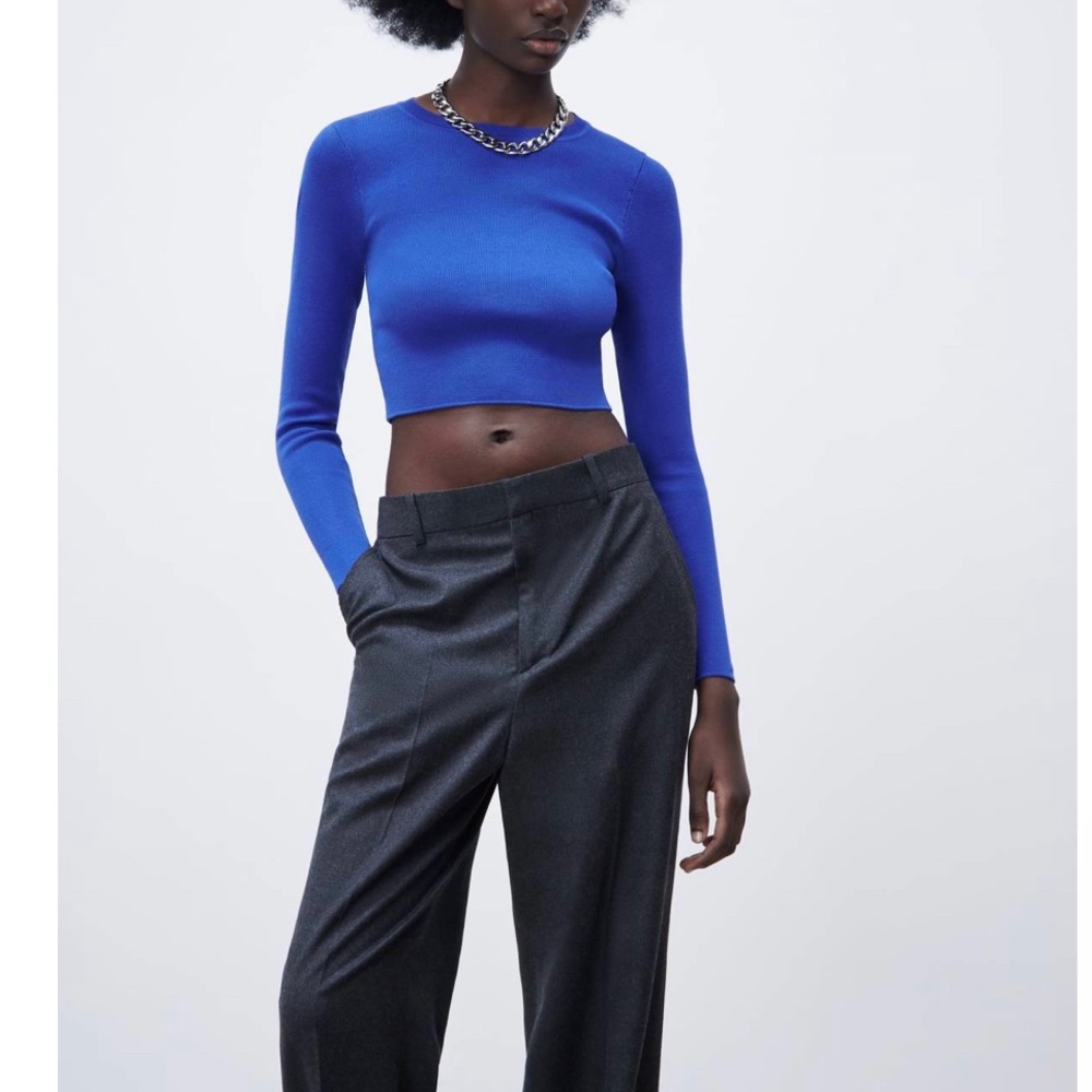 ZARA DARK BLUE BASIC RIBBED KNIT SWEATER * NEW *